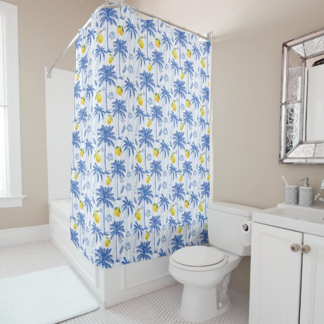 Rideaux De Douche Motif Palmiers Citrons Toile Bleue (En situation)