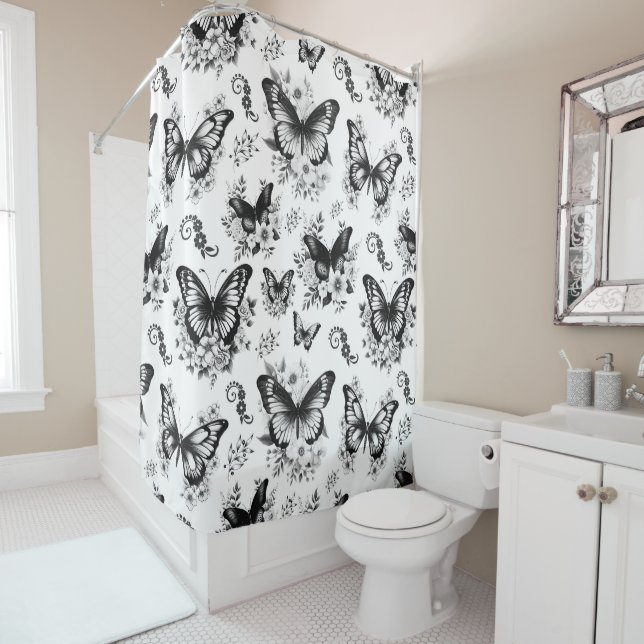 Rideaux De Douche Motif Papillon Noir Blanc (En situation)