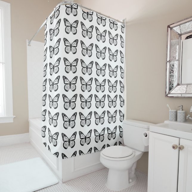 Rideaux De Douche Motif papillon noir et blanc (En situation)