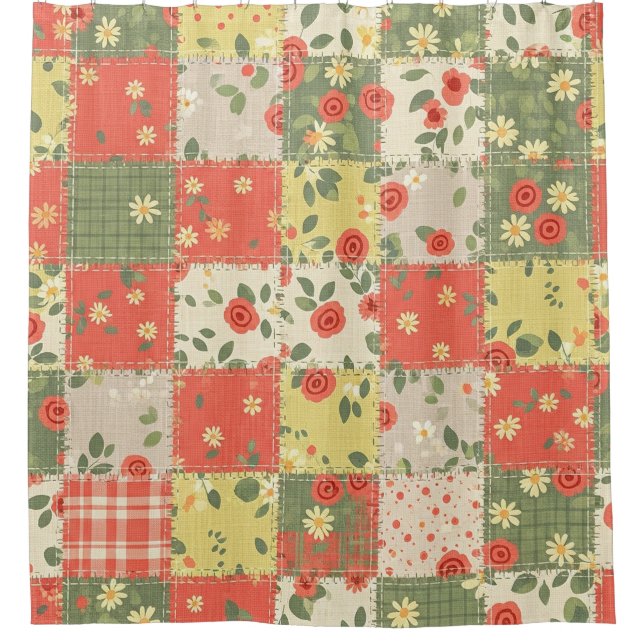 Rideaux De Douche Motif Patchwork Floral de Ferme (Devant)