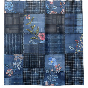 Rideaux De Douche Motif Patchwork Floral Indigo Denim Bohème