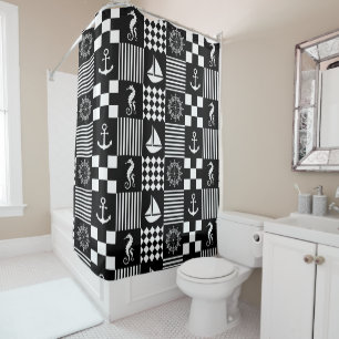 Rideaux De Douche Motif patchwork nautique noir et blanc