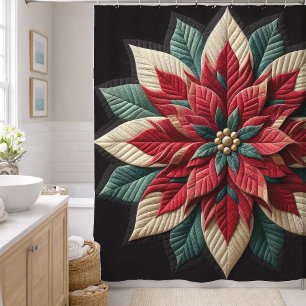 Rideaux De Douche Motif Piqué Poinsettia Rouge Vert Noir