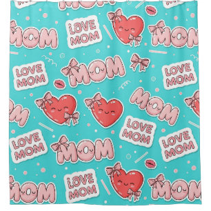 Rideaux De Douche Motif Pop Art MOM Amour en Turquoise