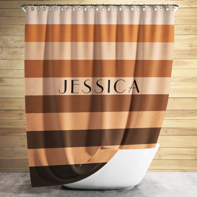 Rideaux De Douche Motif rayé beige Brown Nom personnalisé (Modern Brown Stripes Pattern Shower Curtain)