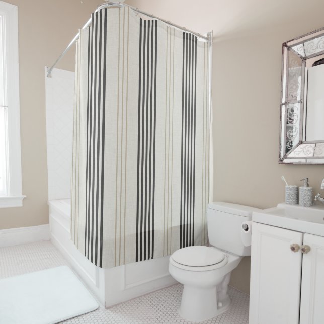Rideaux De Douche Motif rayé classique noir beige (En situation)