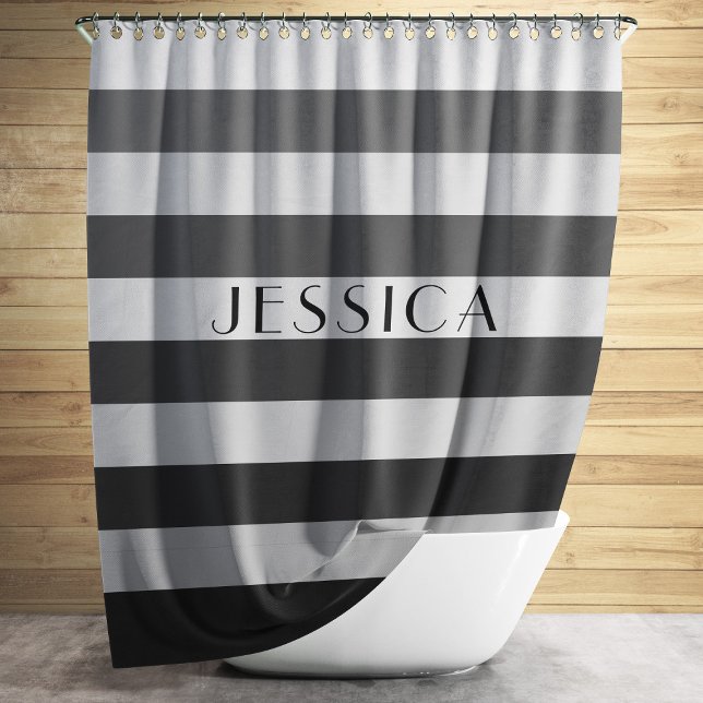 Rideaux De Douche Motif rayé gris Nom personnalisé (Modern Gray Striped Pattern Shower Curtain)