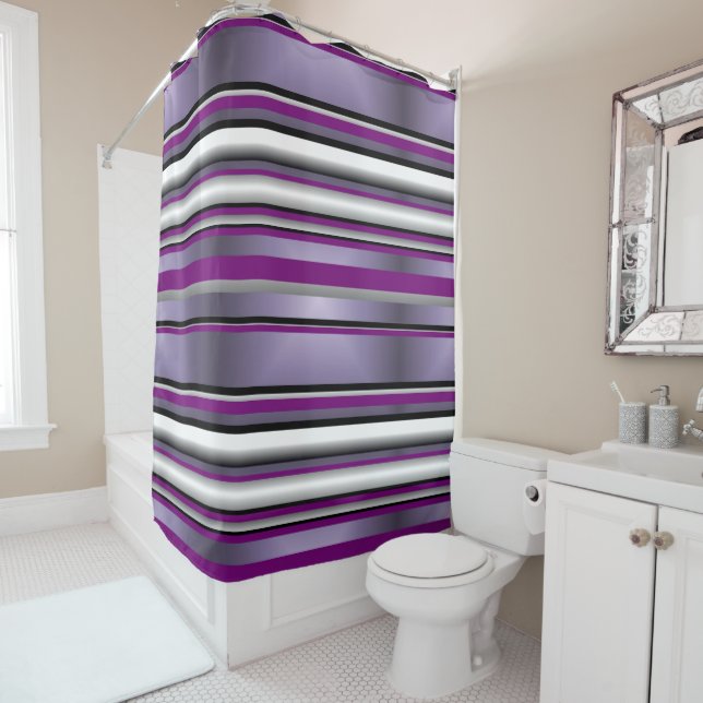 Rideaux De Douche Motif rayé horizontal gris violet noir et blanc (En situation)