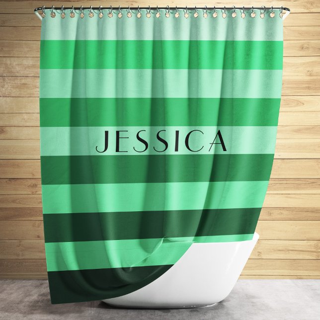 Rideaux De Douche Motif rayé vert Nom personnalisé (Modern Green Stripes Pattern Name Shower Curtain)