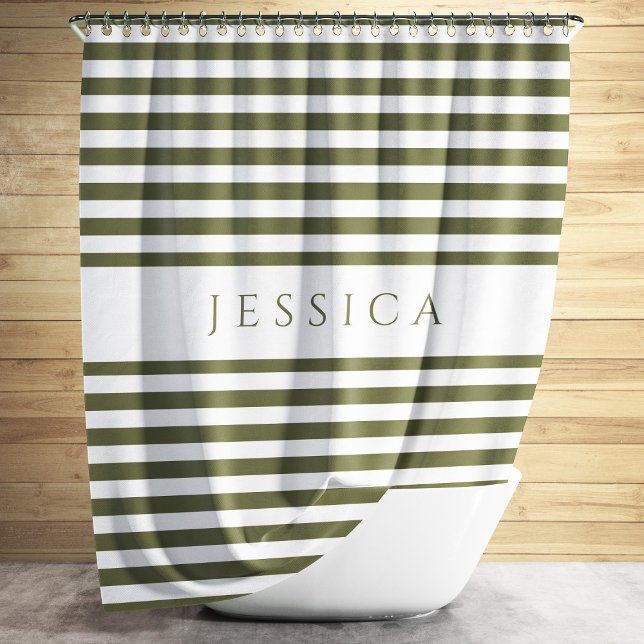 Rideaux De Douche Motif rayé vert olive élégant  (Elegant Olive Green Striped Pattern Shower Curtain)