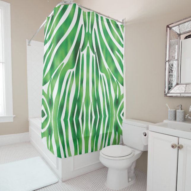 Rideaux De Douche Motif rayure abstraite verte et blanche  (En situation)