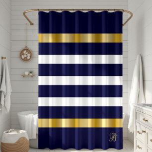 Rideaux De Douche Motif rayures bleues et blanches accents dorés