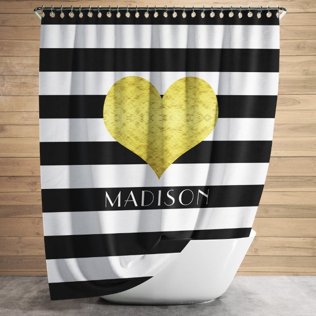 Rideaux De Douche Motif rayures noir et blanc moderne (Gold Heart Black White Stripes Pattern Name Shower Curtain)