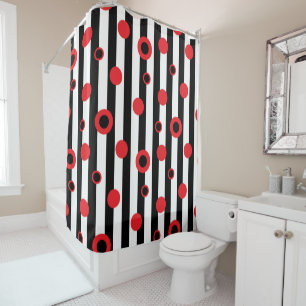 Rideaux De Douche Motif rayures noires et blanches et cercles rouges