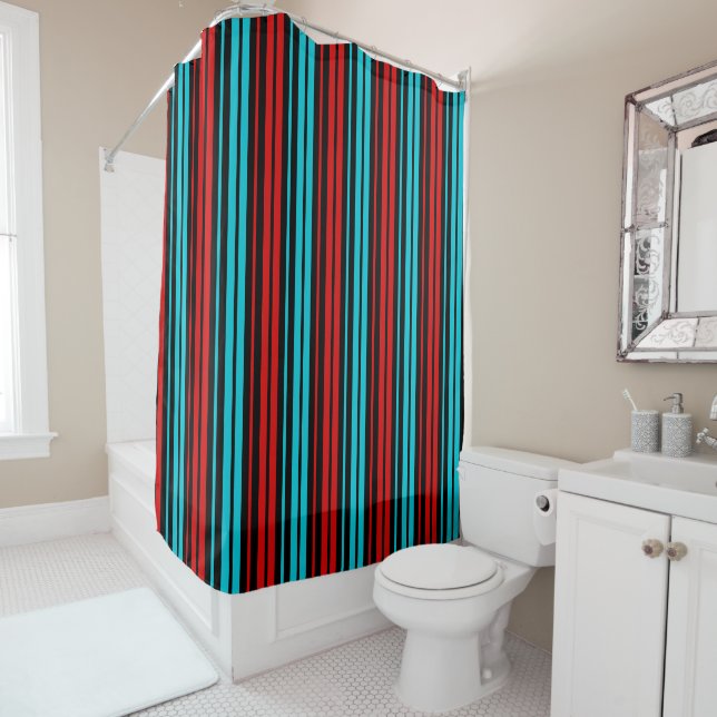 Rideaux De Douche Motif rayures rouges bleues noires   (En situation)