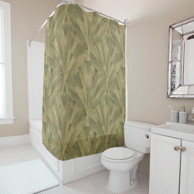 Rideaux De Douche Motif Sage Green et Gold Art Déco (En situation)