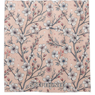 Rideaux De Douche Motif Sakura en fleurs de cerisier rose sur rose (