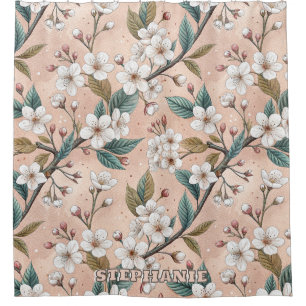 Rideaux De Douche Motif Sakura en fleurs de cerisier rose sur rose (