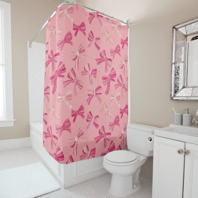 Rideaux De Douche Motif sans couture à ruban rose coquette (En situation)