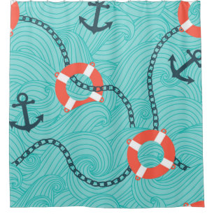 Rideaux De Douche Motif sans couture avec attributs nautiques. Freeh