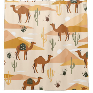 Rideaux De Douche Motif sans couture avec chameaux, dunes et cactus.