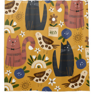 Rideaux De Douche Motif sans couture avec chats mignons et oiseau. t