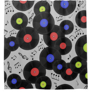 Rideaux De Douche Motif sans couture avec disques vinyles et notes.