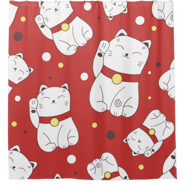 Rideaux De Douche Motif sans couture avec Maneki-Neko chat dessiné à (Devant)