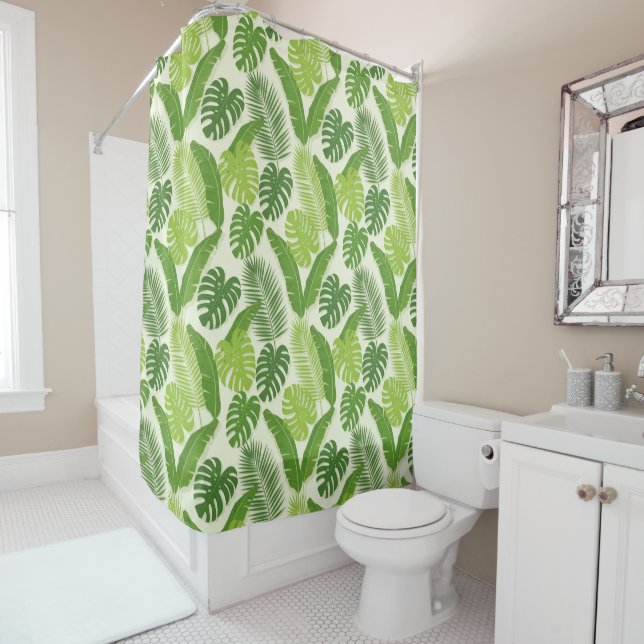 Rideaux De Douche Motif sans couture de feuilles tropicales & Monste (En situation)