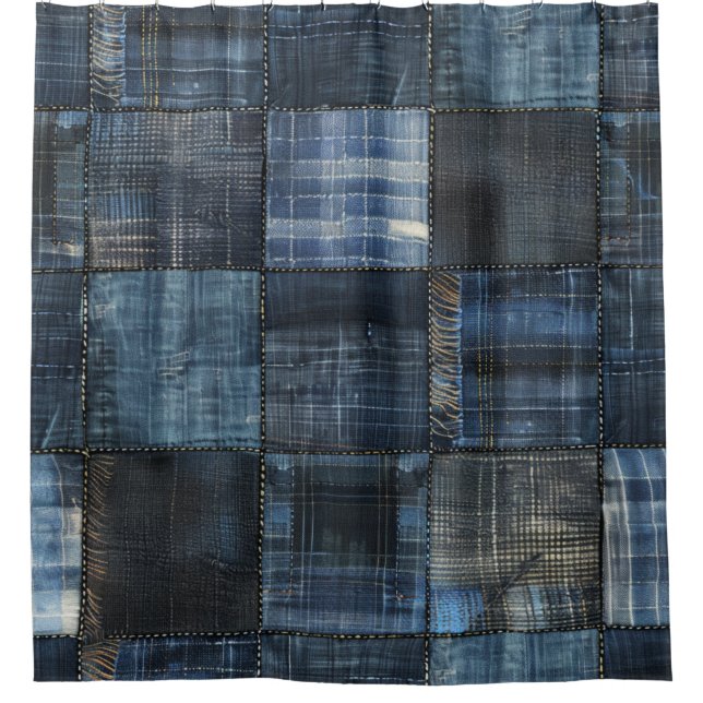 Rideaux De Douche Motif sans couture en patchwork de denim indigo (Devant)
