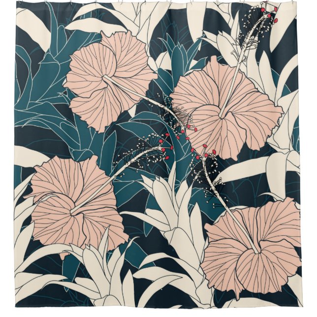 Rideaux De Douche Motif sans couture tropical avec hibiscus flowe ro (Devant)