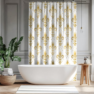 Rideaux De Douche Motif sans soudure à fleur de lis or sur blanc