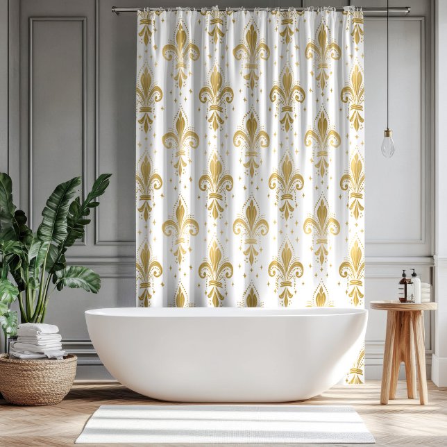 Rideaux De Douche Motif sans soudure à fleur de lis or sur blanc (Créateur téléchargé)