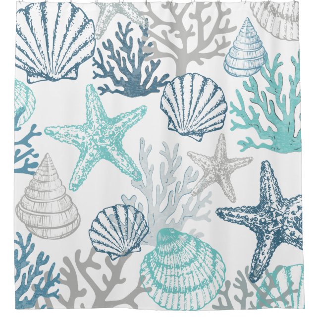 Rideaux De Douche Motif Seashell Starfish Bleu Et Turquoise (Devant)