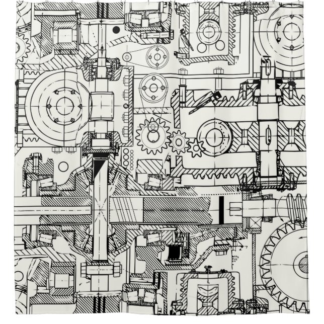 Rideaux De Douche Motif technique sans couture avec engrenages vers  (Devant)