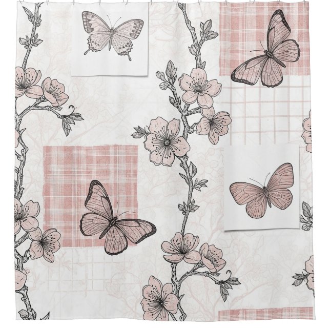 Rideaux De Douche Motif toile de fond botanique papillon vintage (5) (Devant)