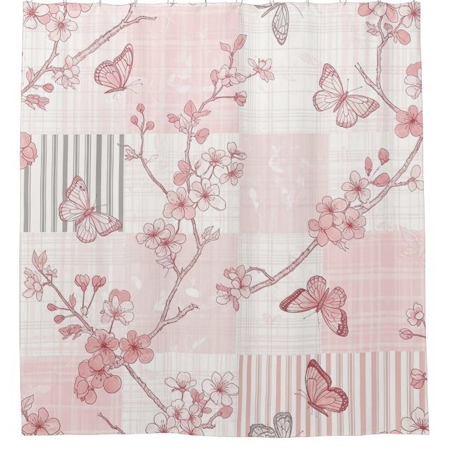 Rideaux De Douche Motif toile de fond botanique papillon vintage (7) (Devant)