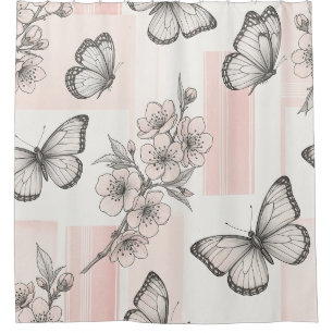 Rideaux De Douche Motif toile de fond botanique papillon vintage (9)