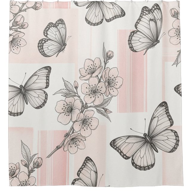 Rideaux De Douche Motif toile de fond botanique papillon vintage (9) (Devant)