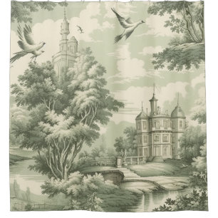 Rideaux De Douche Motif Toile de Jouy Vert Scénique Historique Franç