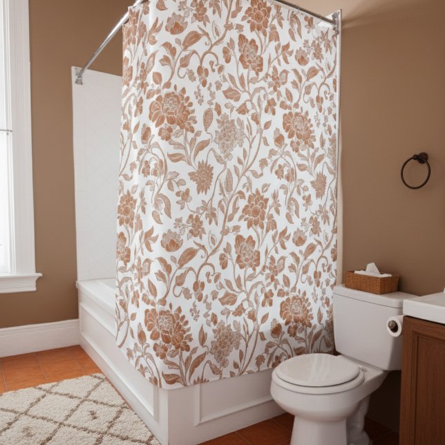Rideaux De Douche Motif Toile en Terracotta Florale (Add a touch of rustic charm to your home with this Floral Terracotta Toile Pattern Shower Curtain!)