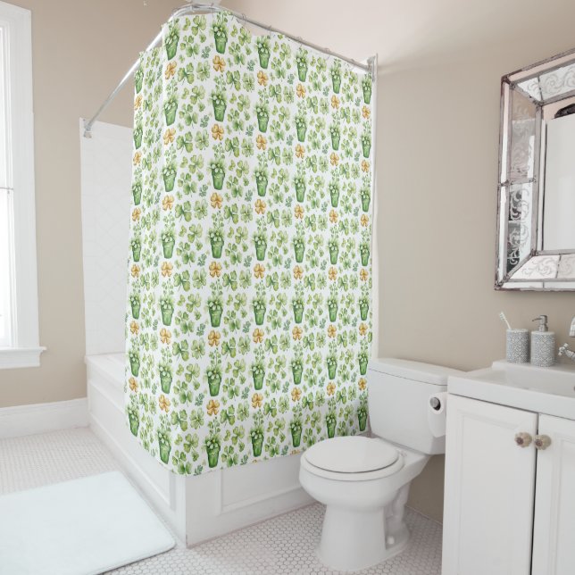 Rideaux De Douche Motif Trèfle Chanceux avec Trèfles Verts en Pot  (En situation)