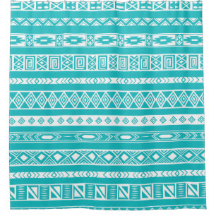 Rideaux De Douche motif tribal turquoise et blanc aztèque