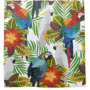 Rideaux De Douche Motif tropical sans couture avec perroquets. 