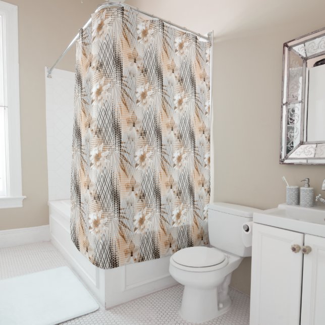 Rideaux De Douche Motif tropicale grise, beige. (En situation)