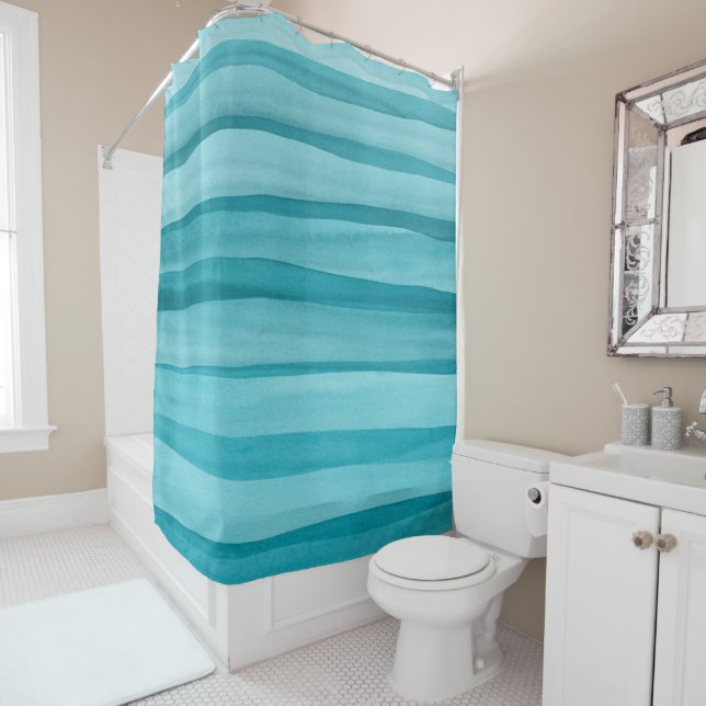 Rideaux De Douche Motif turquoise Blue Watercolor Lines (En situation)