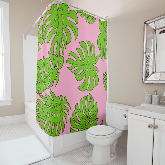 Rideaux De Douche Motif vert clair de feuille sur le rose (En situation)