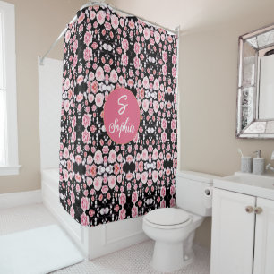 Rideaux De Douche motif vintage à fleurs roses Monogramme personna