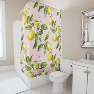 Rideaux De Douche Motif vintage citron et fleurs sur rose (2)