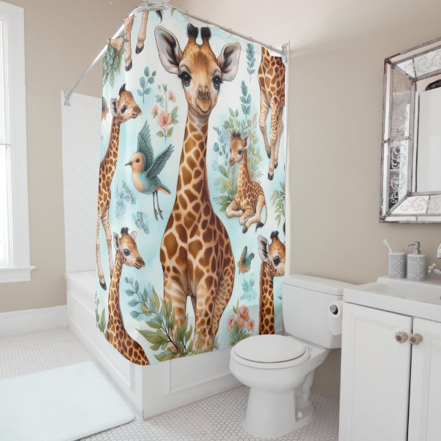 Rideaux De Douche Motif vintage Cute Baby Giraffe  (En situation)